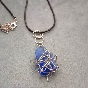 Blue Stone & Silver Wire-Wrapped Pendant Necklace,New.